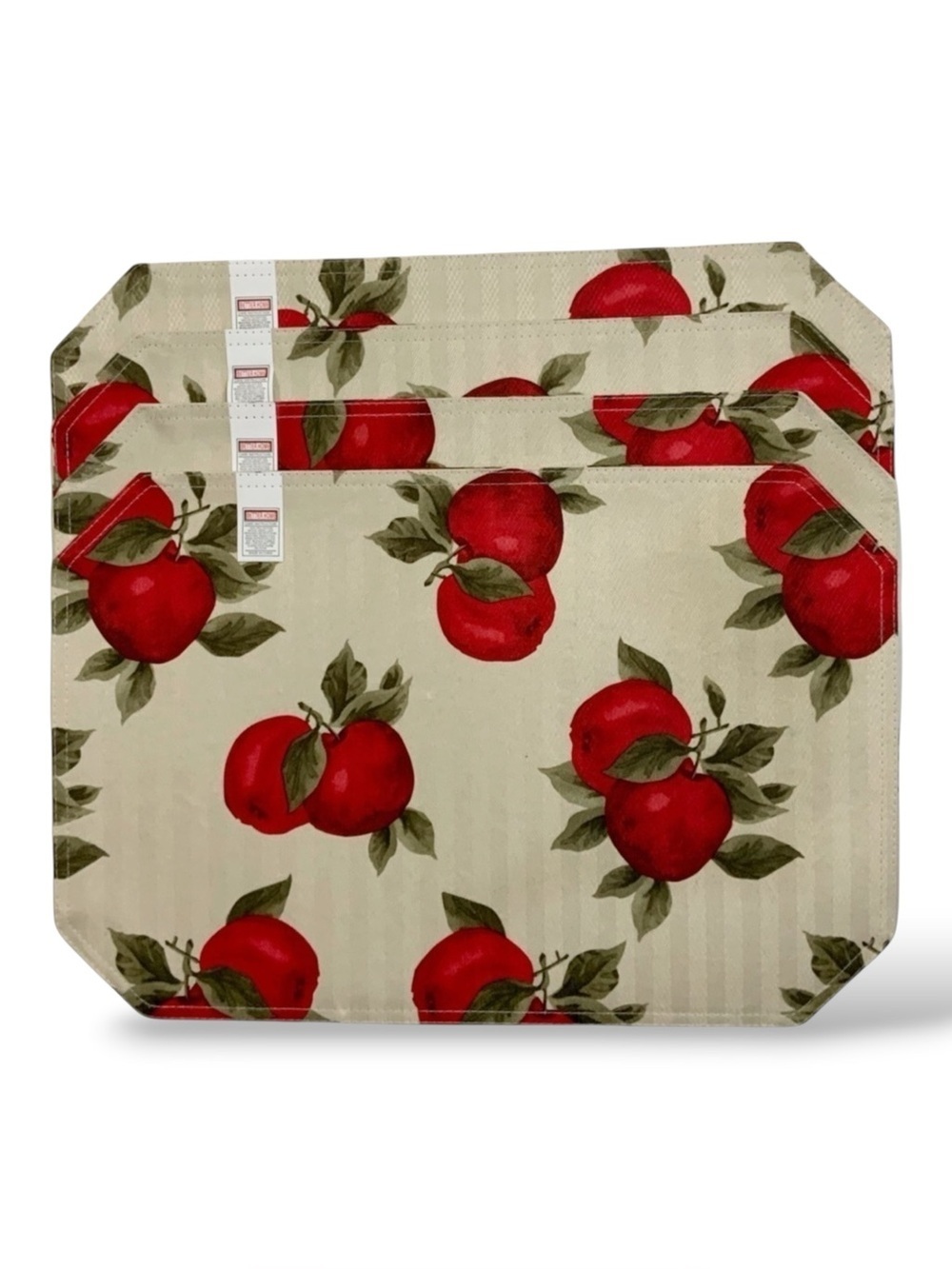 Apple Printed Linen Fabric Placemats Reversible 18” X 12” Cream Red Set of 4 NEW